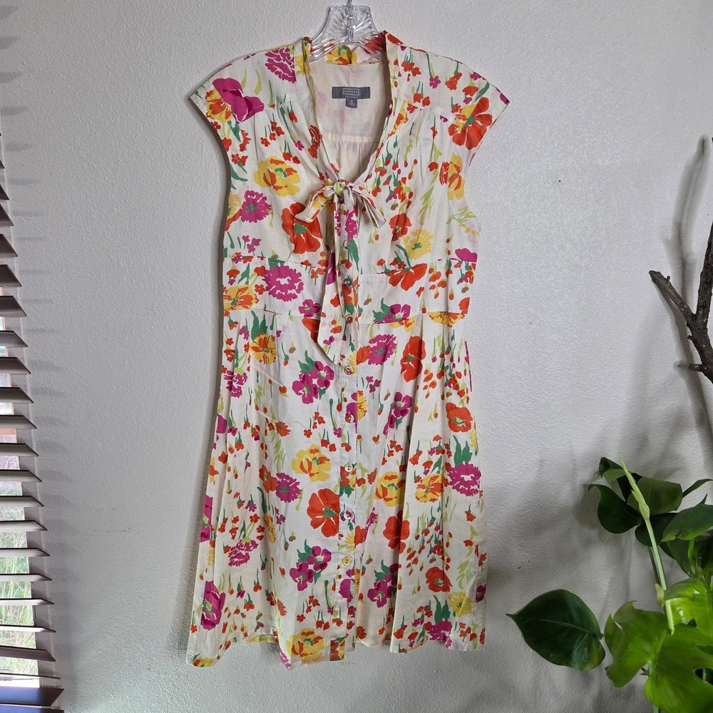 Vtg Merona Dress 8 Ivory Orange Floral Sleeveless Tie Neck Button‎ Front Cotton